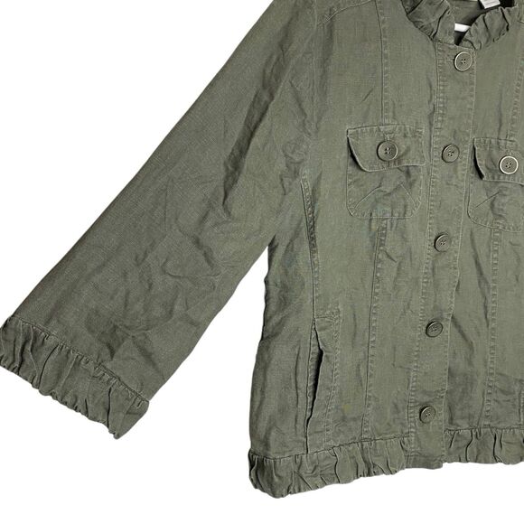 Chicos Linen Jacket Womens 1 Medium Olive Green 3/4 Sleeve Pockets Military - Picture 6 of 7